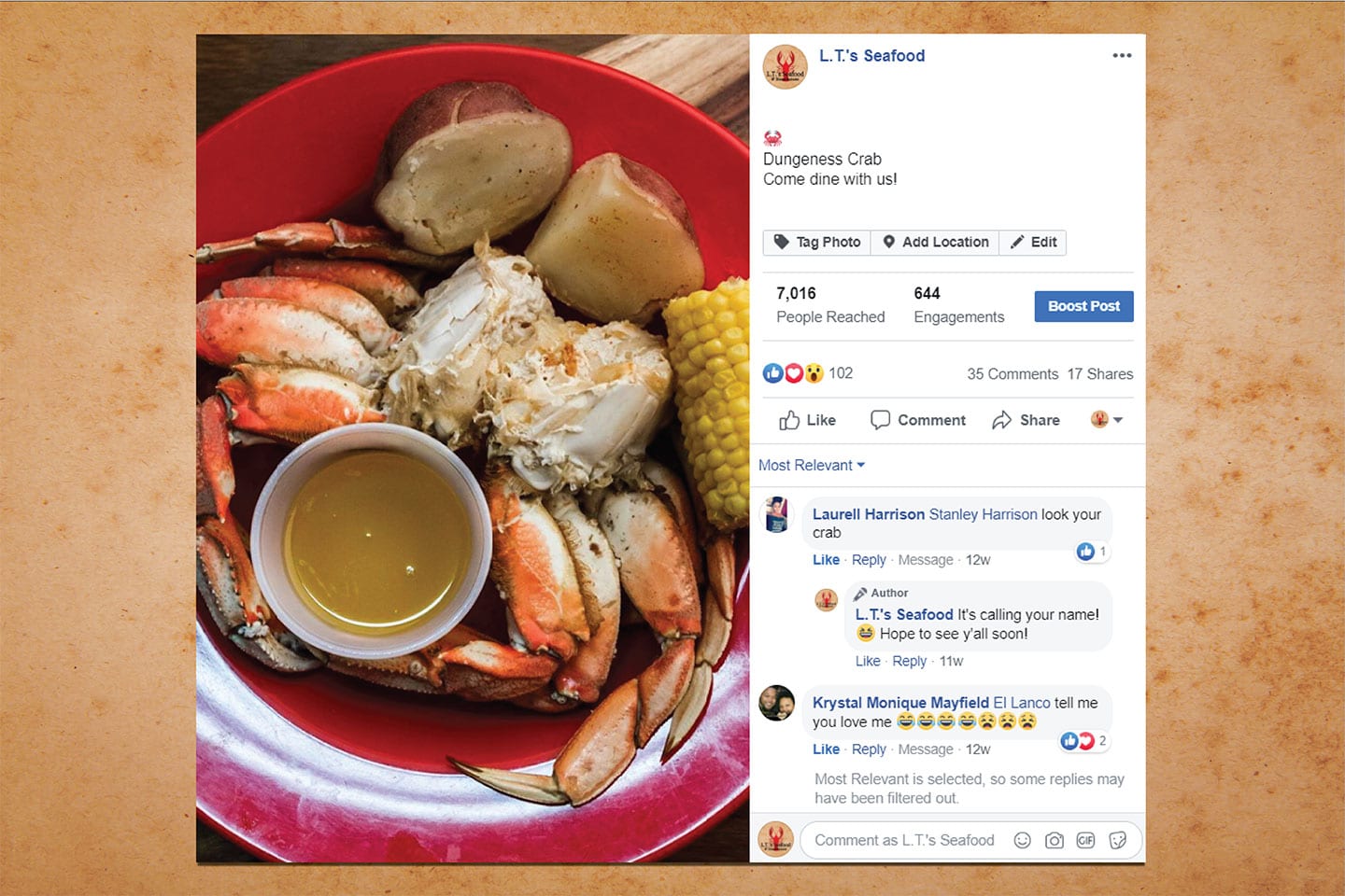 LTs Seafood Social Media